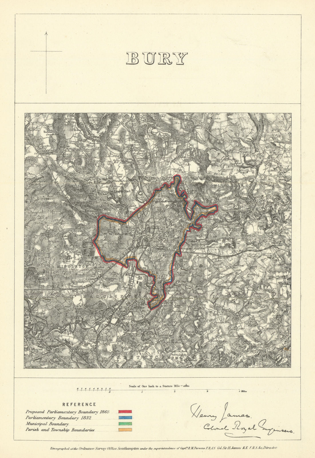 Bury, Lancashire. JAMES. Parliamentary Boundary Commission 1868 old map